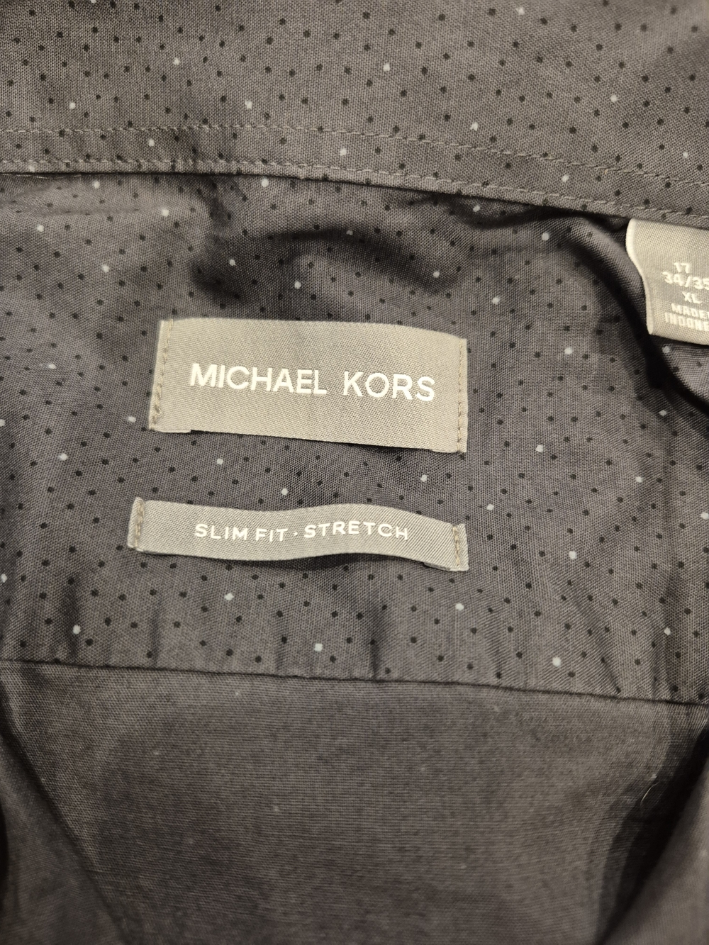 Michael Kors Mens Dress Shirt XL 17 34/35 Gray Dot Slim Fit Stretch Button Down
